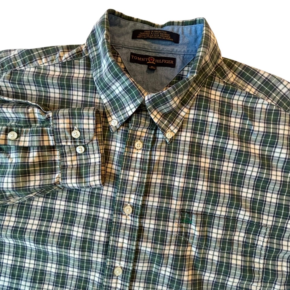 Vintage Tommy Hilfiger Mens XL Green Plaid Button Down Shirt Crest Logo Cotton